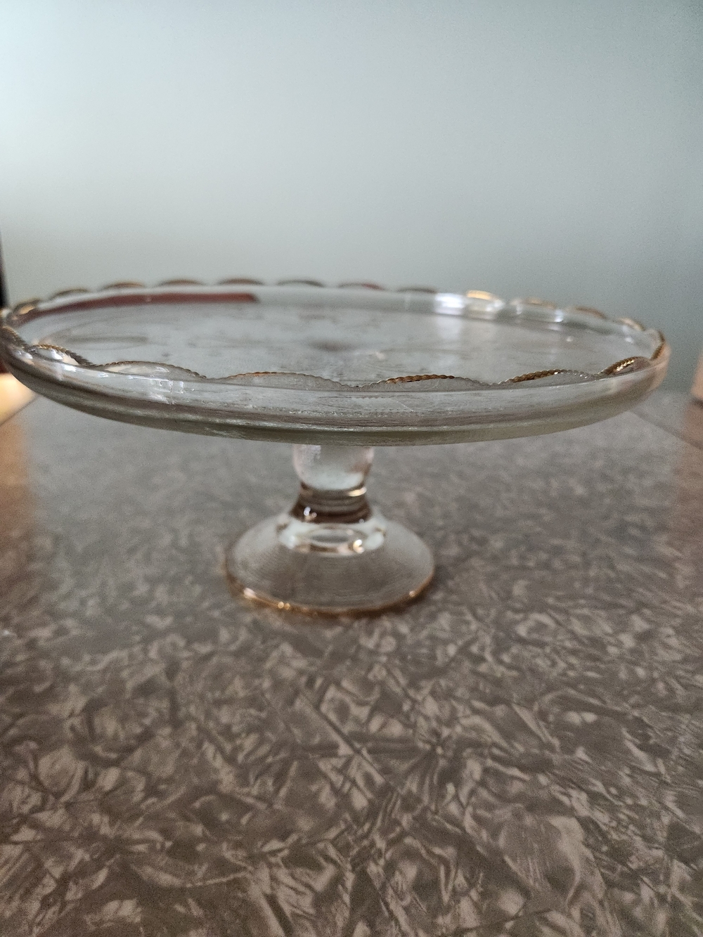 Vintage 1950's Jeannette  Harp Lyre Cake Stand with Scalloped Gold Rim